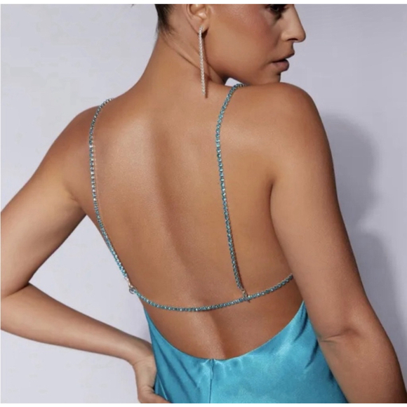 Meshki Dress Satin Cyan Blue “Sofie” Mini Rhinestone Strap Size Large NWT - Picture 5 of 11